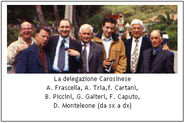 Casella di testo:  
 
 
La delegazione Carosinese
A. Frascella, A. Tria,f. Cartan, 
B. Piccini, G. Galteri, F. Caputo, 
D. Monteleone (da sx a dx)
